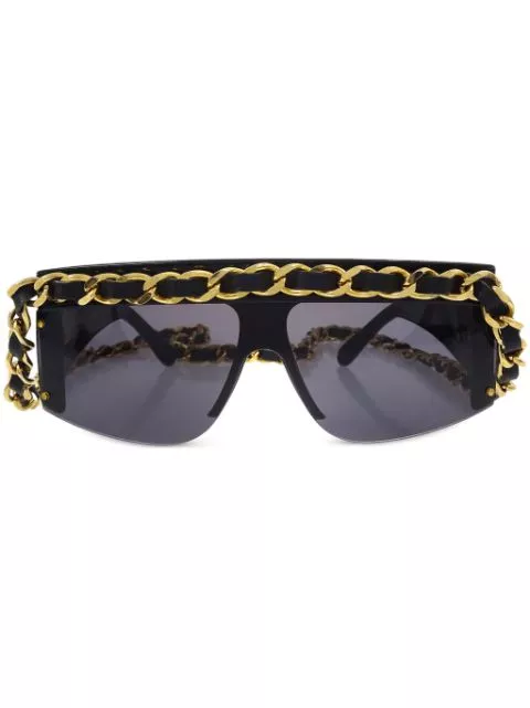 CHANEL 1990-2000 leather-and-chain trimmed shield sunglasses Women 0117