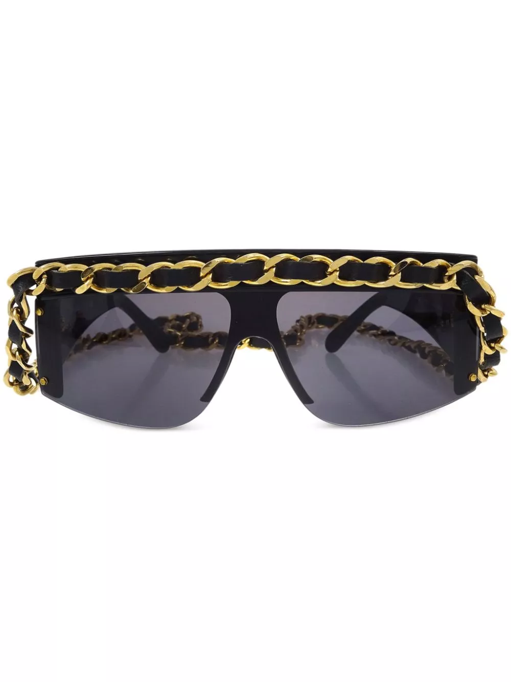 Affordable CHANEL 1990-2000 leather-and-chain trimmed shield sunglasses Women 0117